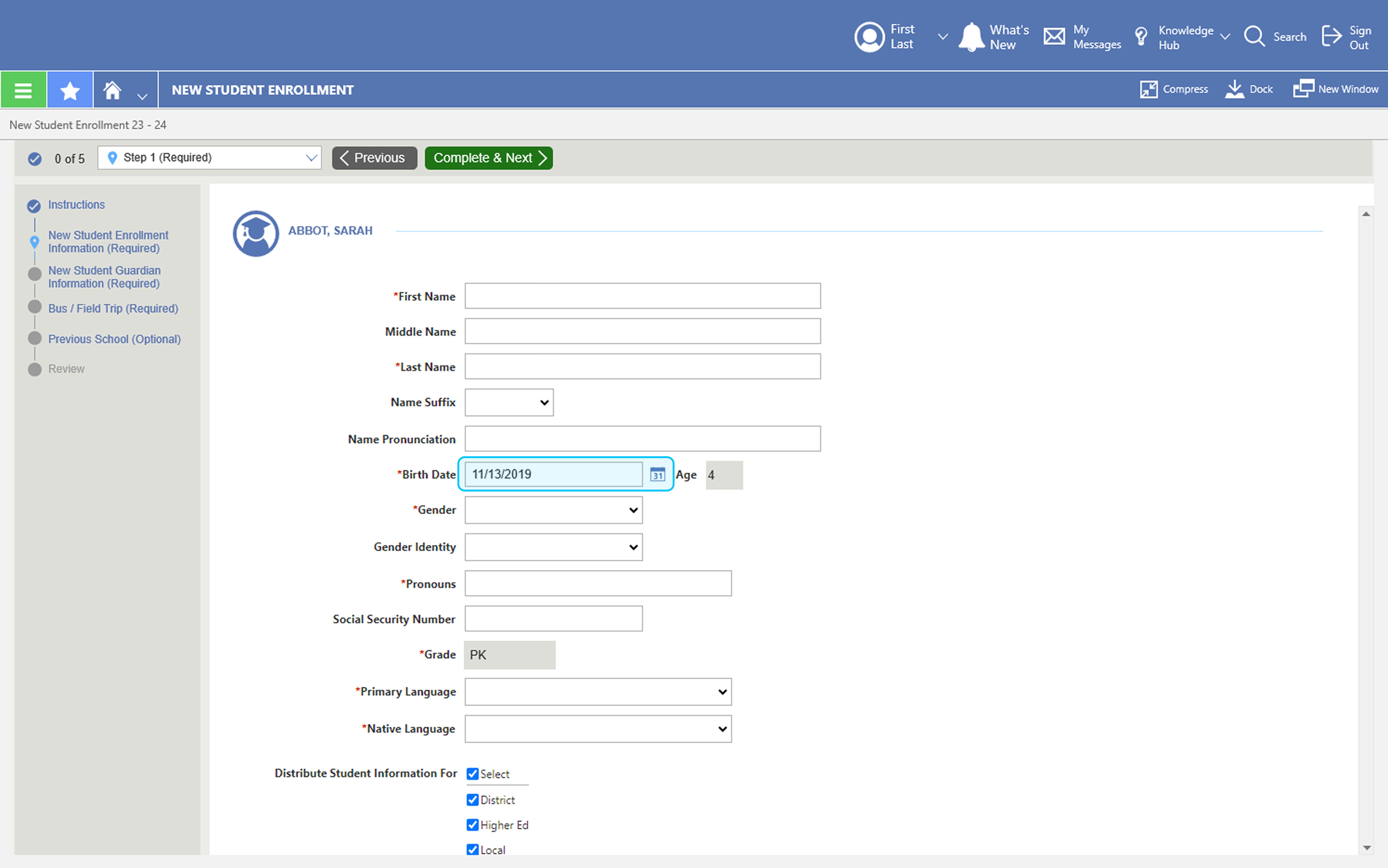 Student enrollment form showing an editable birth date field with a date of 11/13/2019 and auto-calculated age of 4 — the field is active and modifiable inline, with grade auto-populated as PK