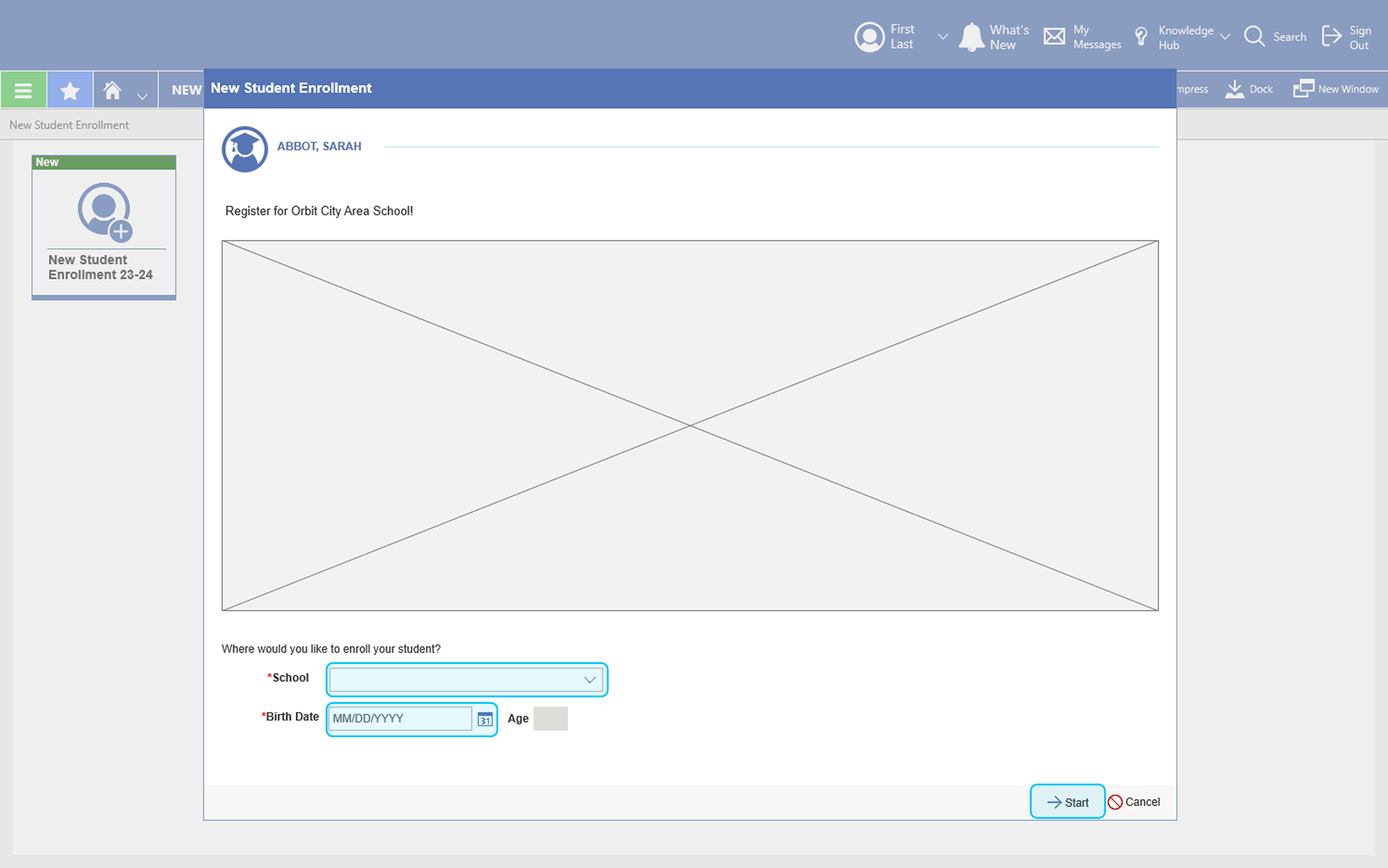New Student Enrollment screen showing the district instruction page with school dropdown and birth date fields embedded directly below the instructions — Start and Cancel buttons at the bottom