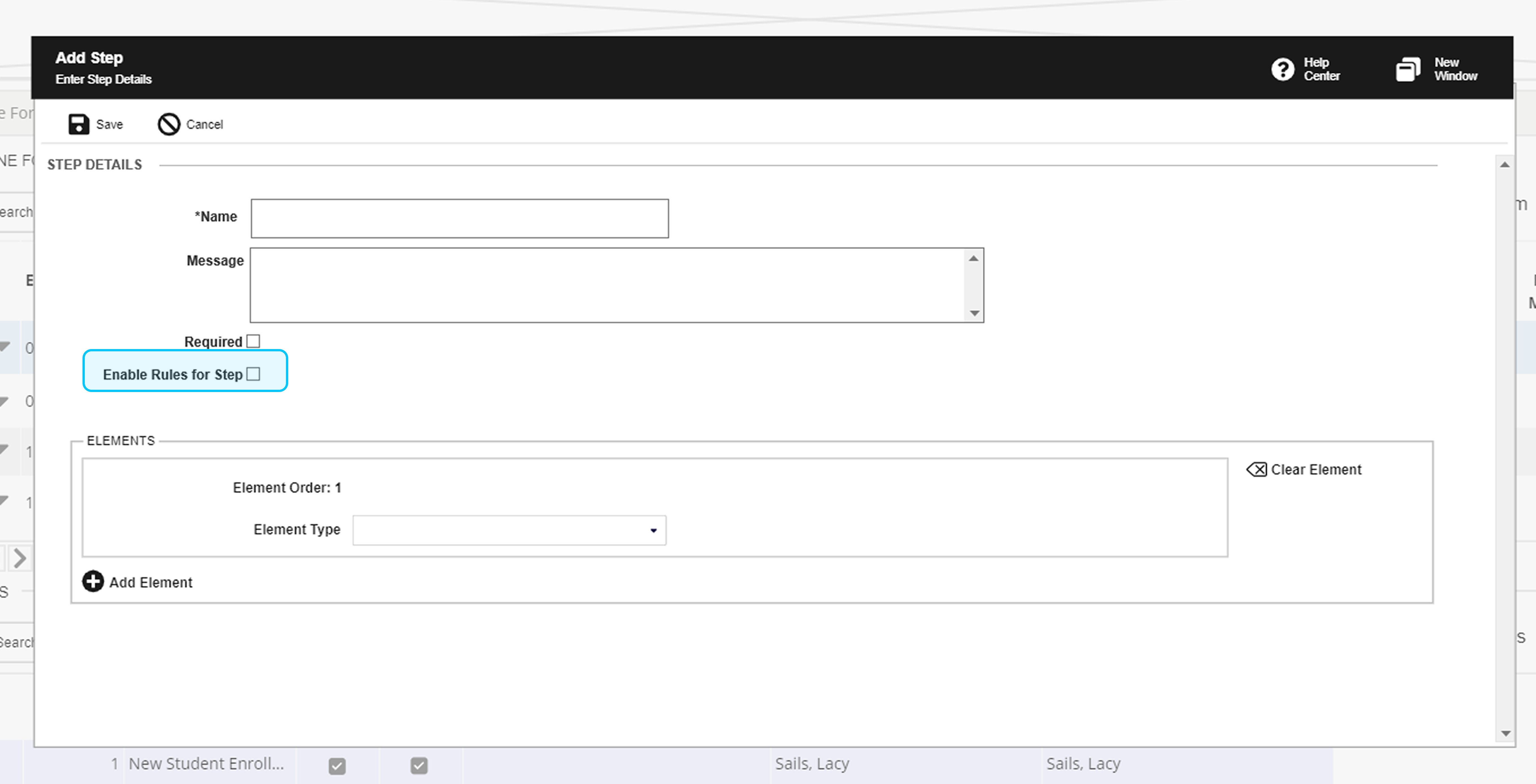 Add Step admin panel with the Enable Rules for Step checkbox unchecked — the Step Rule Details section is hidden, and only Name, Message, Required, and Elements fields are visible