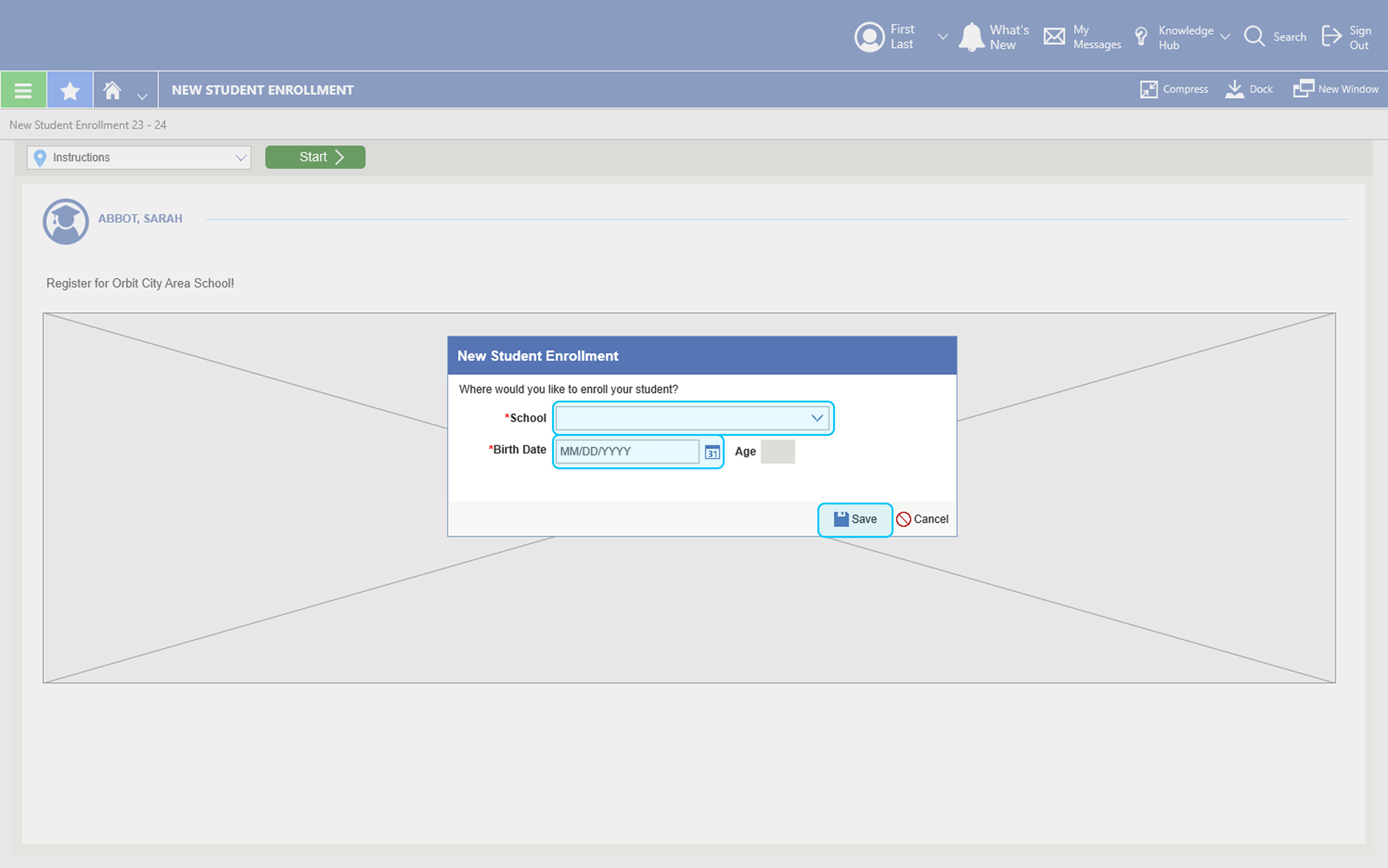 New Student Enrollment screen showing the district instruction page with a modal dialog overlaid on top — the modal prompts parents to select school and enter birth date after reading the instructions, with Save and Cancel buttons