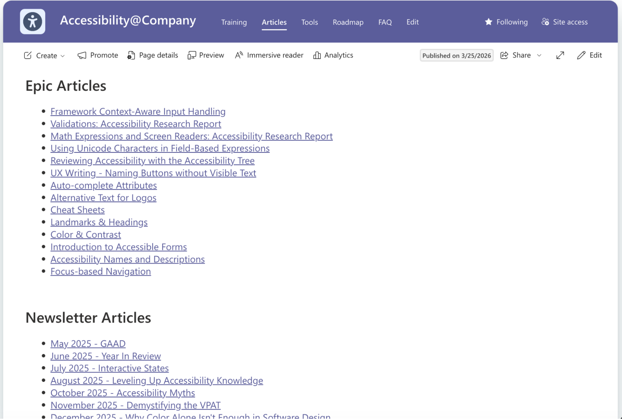 Accessibility at Company documentation hub Articles page showing Epic Articles and a Newsletter Articles archive with monthly issues
