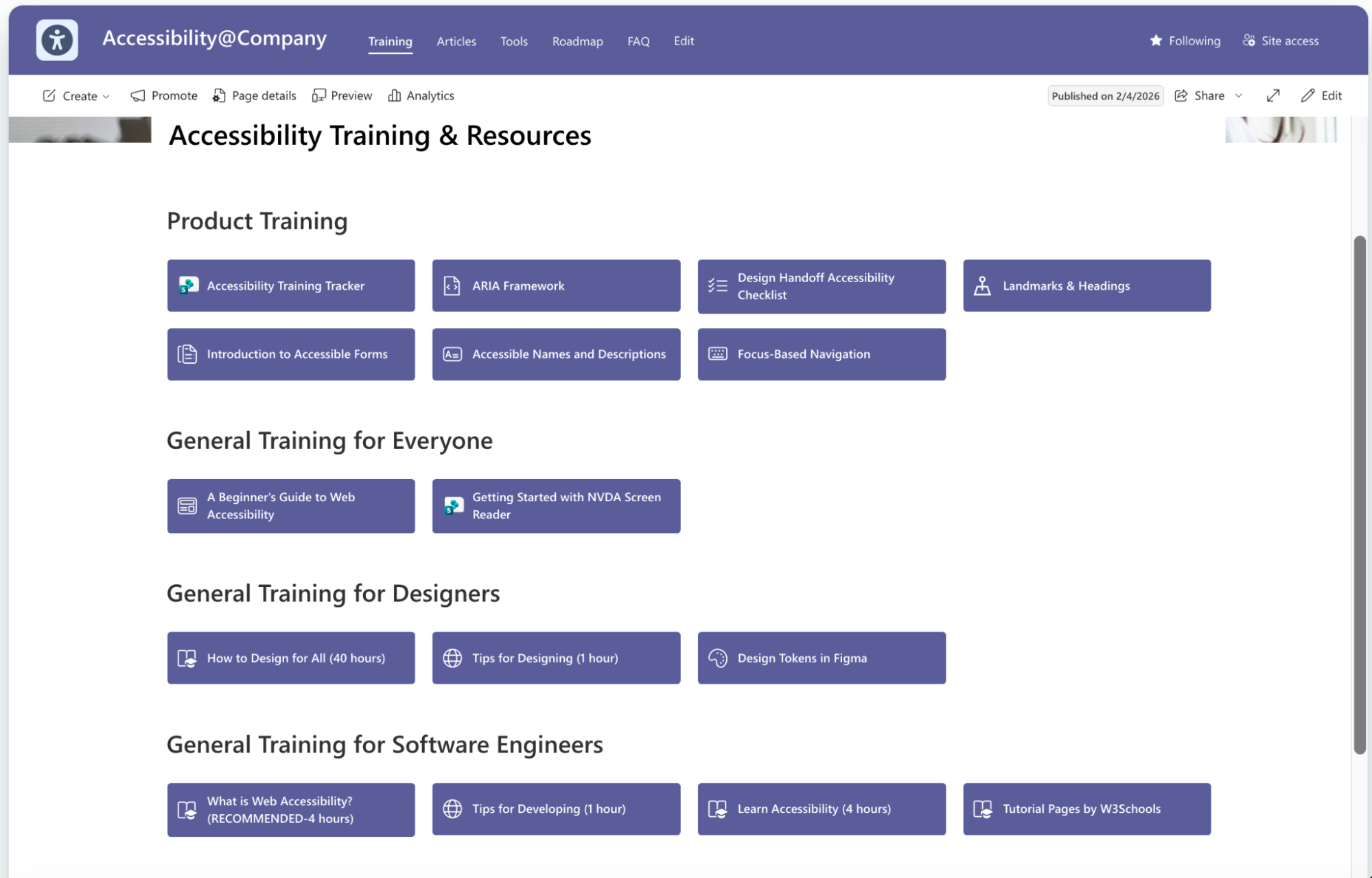 Accessibility at Company SharePoint training portal showing role-specific course modules including ARIA Framework, Design Handoff Accessibility Checklist, Accessible Names and Descriptions, Introduction to Accessible Forms, and general beginner guides for all staff