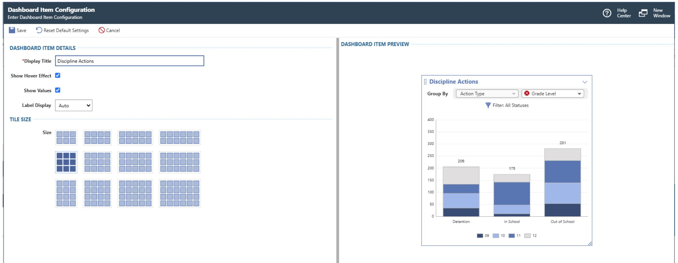 Dashboard Item Configuration screen showing fields for display title, hover effect, value display, label display, and tile size selector on the left, with a live preview of the Discipline Actions stacked bar chart on the right and options to toggle between Live Data and Sample Data
